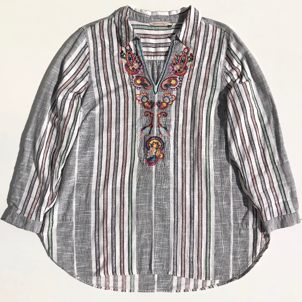 Soft Surroundings Aruba pullover tunic top women 1X striped embroidered Boho